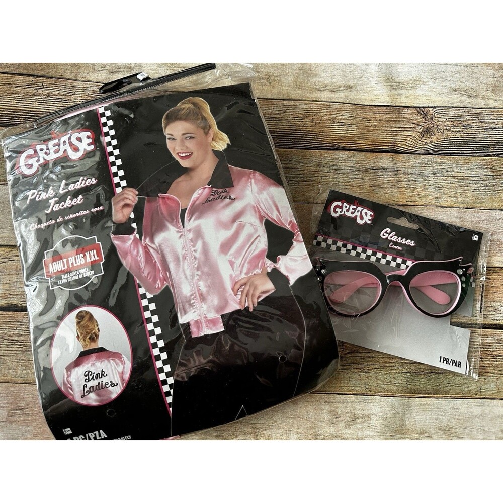 Grease Pink Ladies Satin Jacket Plus XXL Glasses Set 2X Halloween Cosplay